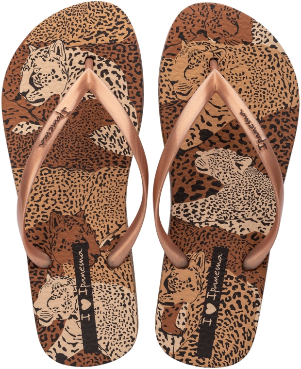 Ipanema womens animal print flip flops with brown and beige leopard and cheetah design and rose gold straps