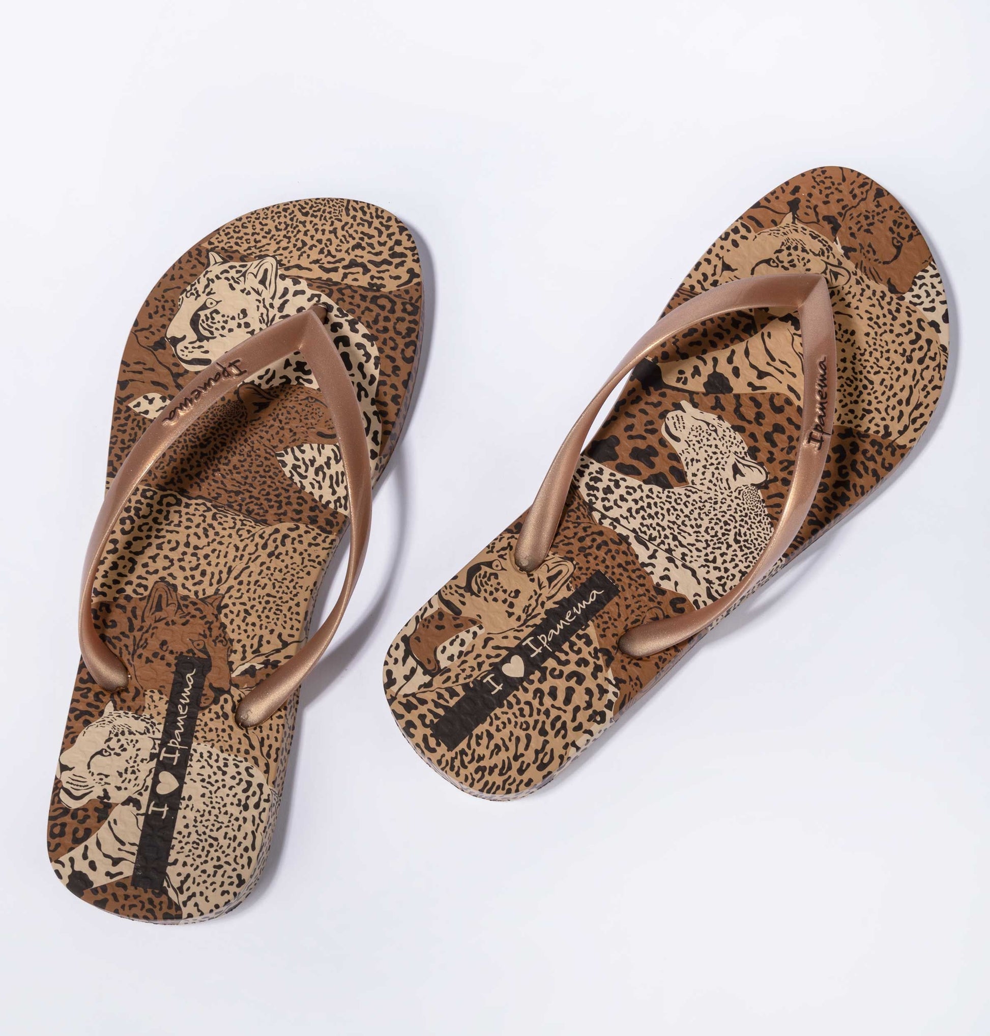 Ipanema womens animal print flip flops with multiple leopard designs and brown straps