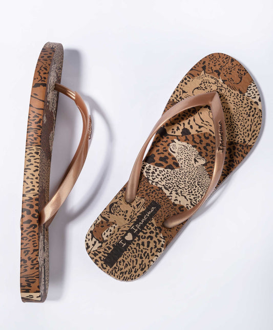 Ipanema womens animal print flip flops with brown straps and leopard pattern sole