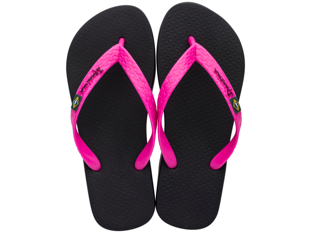 Ipanema womens black pink flip flops brazil with textured sole and bright pink straps