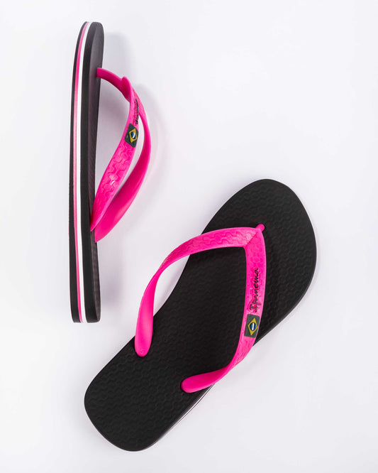Ipanema womens black pink flip flops brazil with textured sole and vibrant pink straps