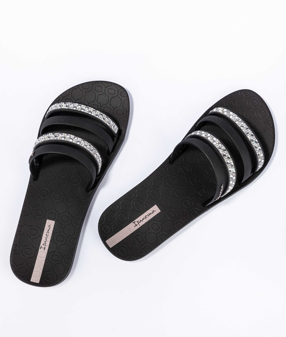 Ipanema womens slide sandals black with three straps and rhinestone details for stylish comfort