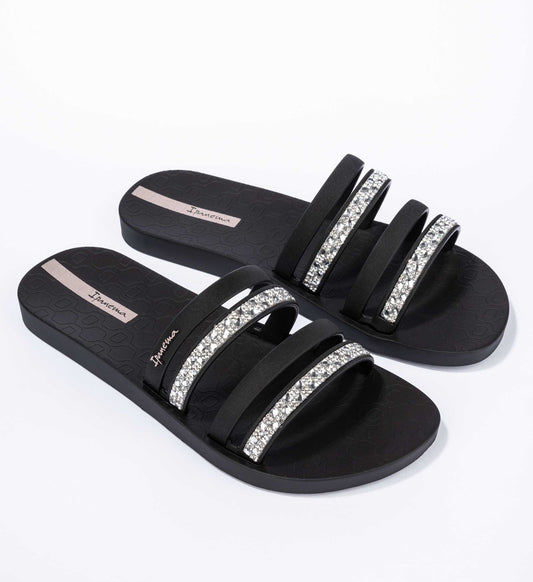 Front view of Ipanema womens slide sandals black with double straps decorated with sparkling rhinestones