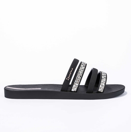 Ipanema womens slide sandals black with three straps and decorative rhinestones on a flat sole