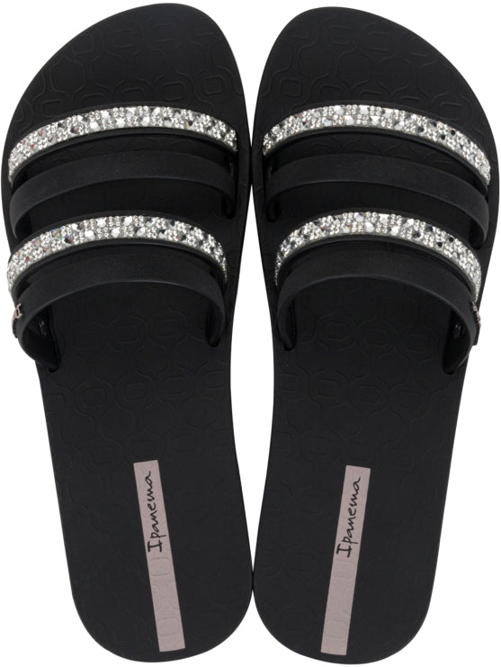 Ipanema womens slide sandals black with sparkling rhinestone straps and cushioned footbed