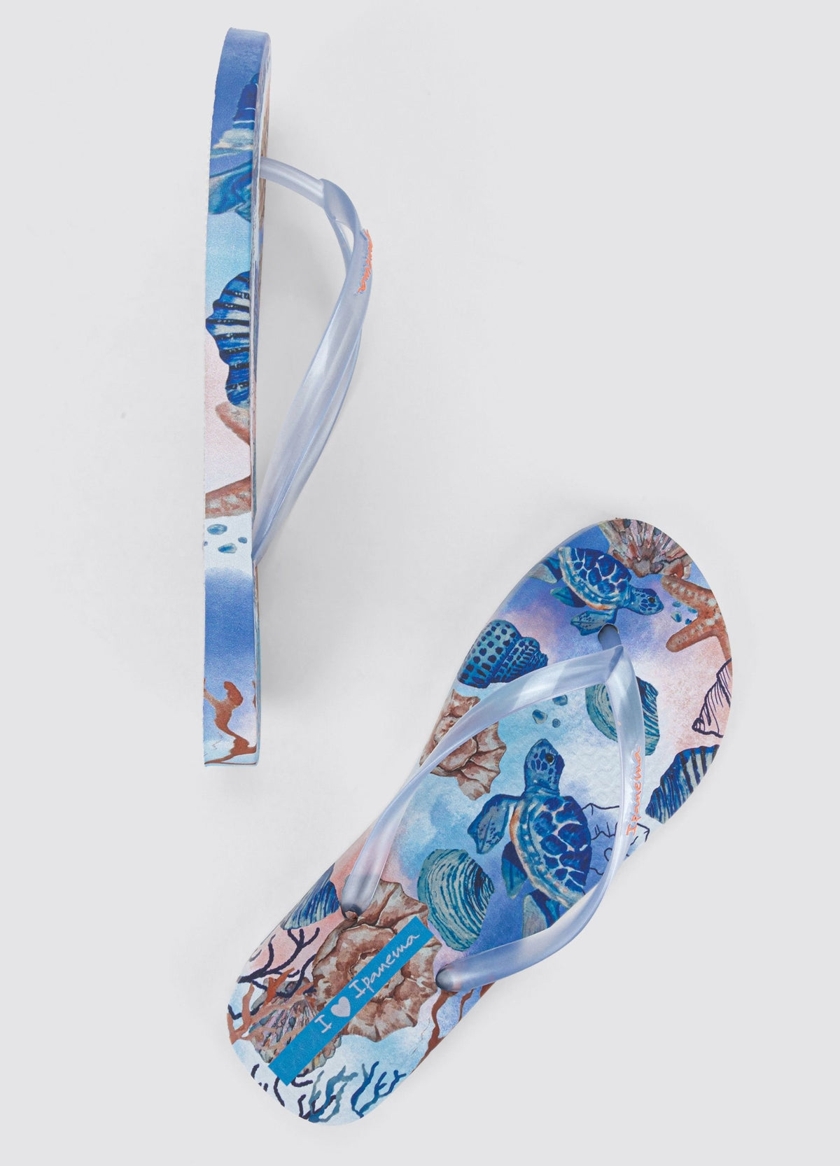 Ipanema womens tropical sea print flip flops with blue sea turtle and coral designs