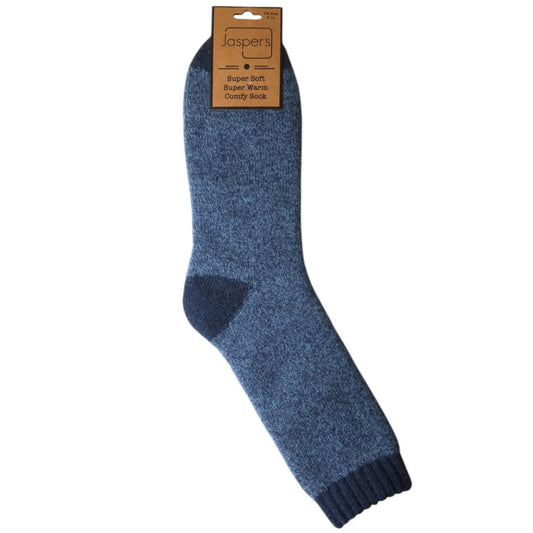 A pair of mens Jaspers wool-blend cosy socks in blue marl on a white background