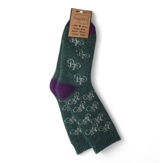 Mens green socks with a bicycle print pattern and purple accents on a white background, featuring a Jasper's brand tag.