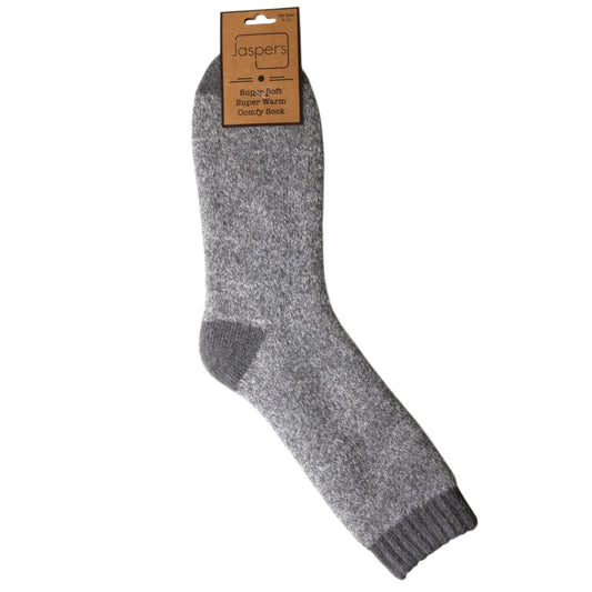 Mens grey marl Jaspers wool-blend socks with a brand label on a white background
