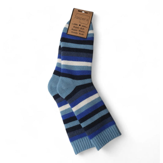 A pair of mens Jaspers brand blue stripe wool-blend cosy socks on a white background