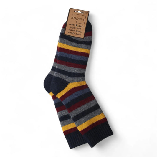 A pair of mens grey, yellow, burgundy and navy striped socks with a 'Jasper's' label on a white background