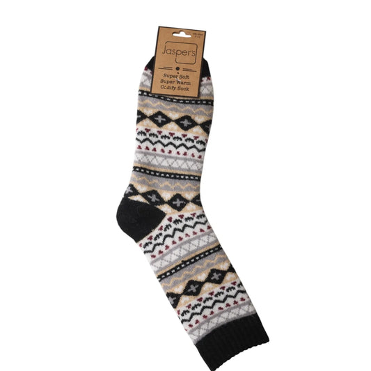 Mens Jaspers wool-blend socks with a black, cream and white Nordic style pattern on a white background