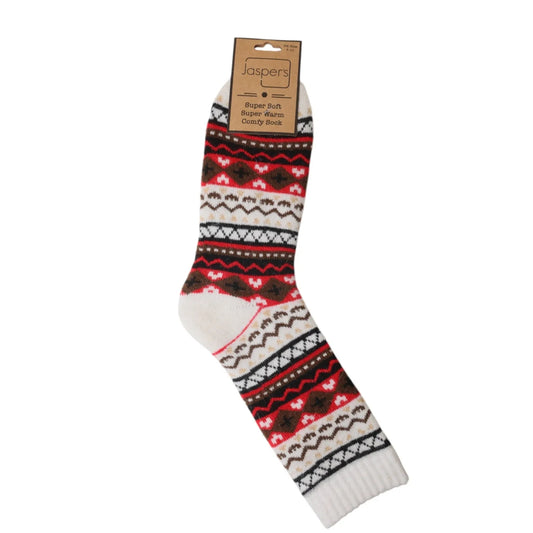 Jaspers Mens Cosy Socks Cream Red Brown Nordic Print