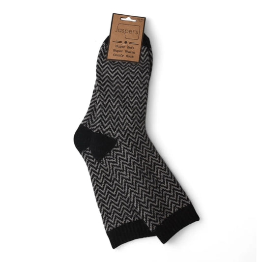 Black and gray herringbone patterned socks with 'Jasper's' brand label on a white background