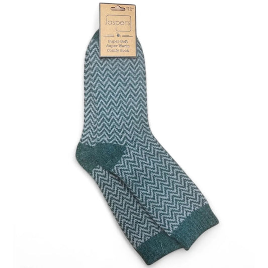 A pair of mens Jaspers cosy wool socks in green with a herringbone pattern on a white background