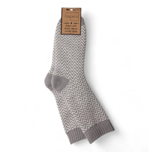 Mens grey herringbone patterned Jaspers wool-blend socks with a branded tag on a white background