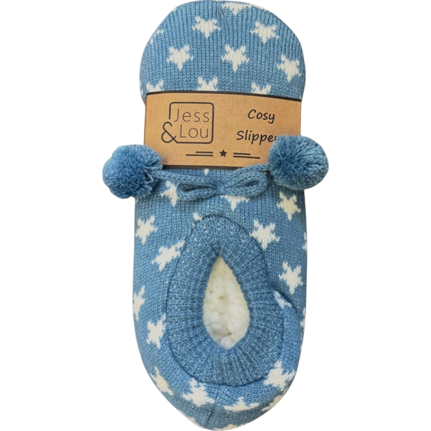 Blue bootie slippers with a white star pattern and pom-poms, branded 'Jess & Lou', on a white background