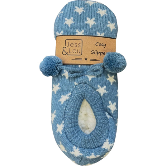 Blue bootie slippers with a white star pattern and pom-poms, branded 'Jess & Lou', on a white background