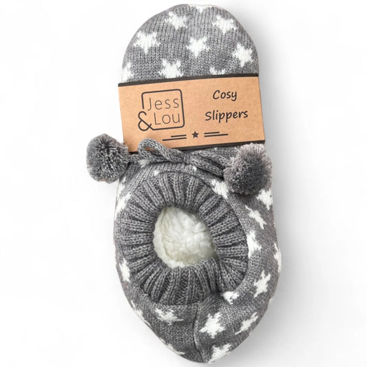 Womens Jess and Lou cosy bootie slippers in grey with a white star pattern on a white background.