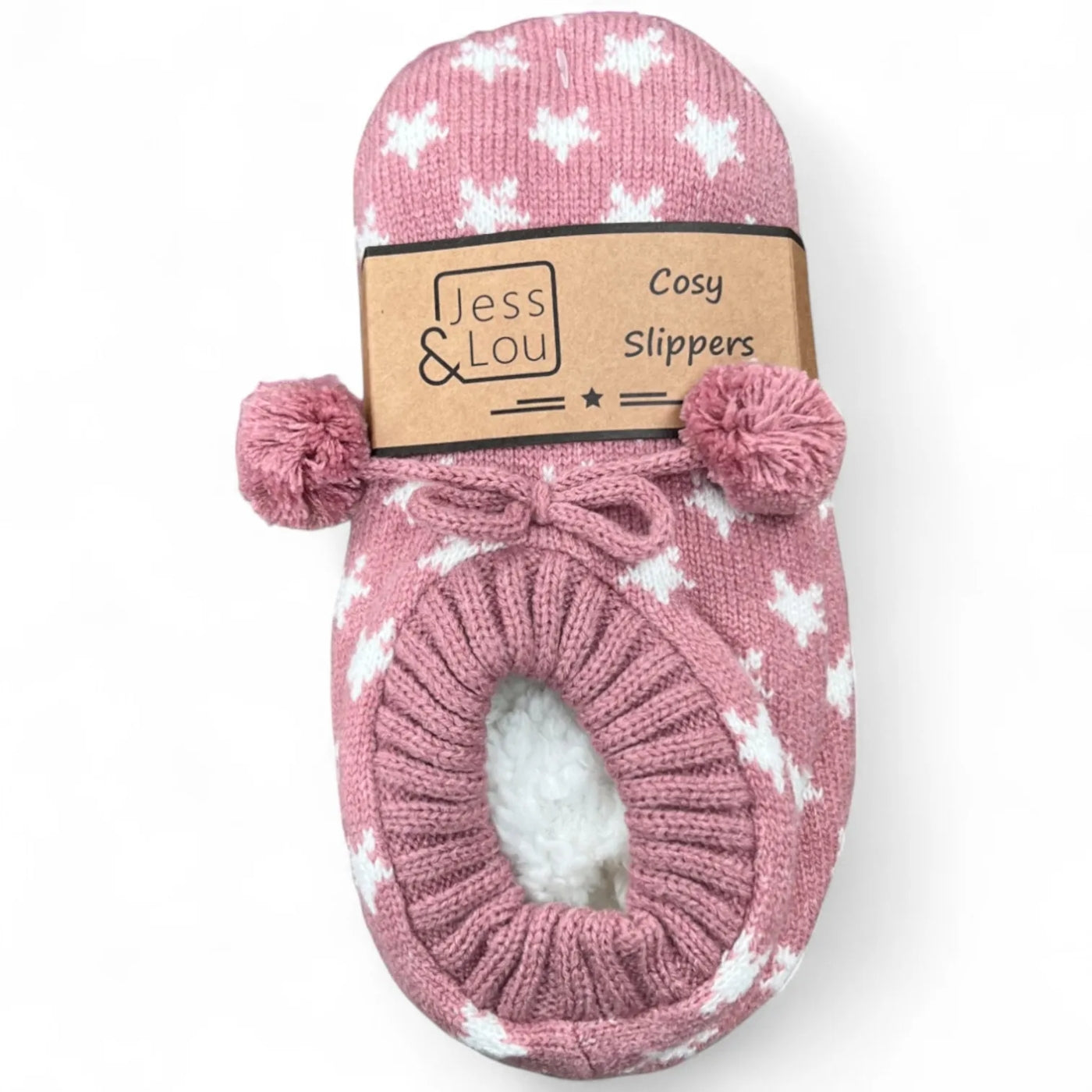 Pink bootie slippers with a white star pattern and pom-poms, branded 'Jess & Lou', on a white background