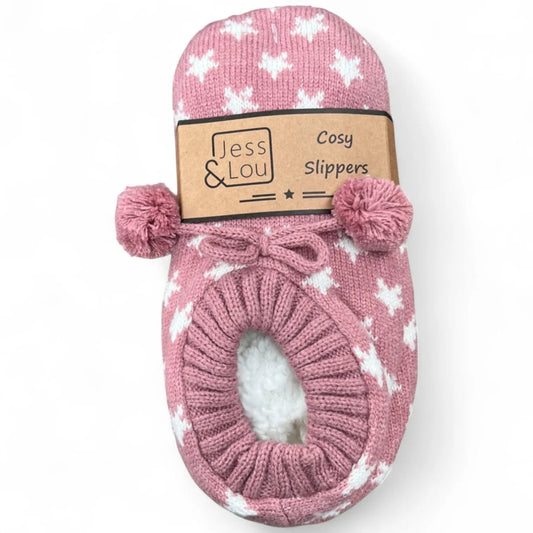 Pink bootie slippers with a white star pattern and pom-poms, branded 'Jess & Lou', on a white background