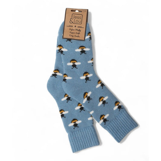 Blue womens socks with bee pattern and 'Jess & Lou' label on a white background