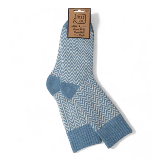 Jess and Lou blue and white herringbone patterned wool sock with packaging on a white background
