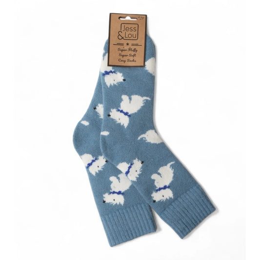 Blue womens socks with a white dog pattern on a white background, featuring 'Jess & Lou' branding.