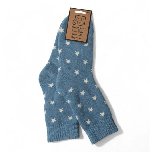 Womens blue socks with white star patterns on a white background, featuring a Jess & Lou label.