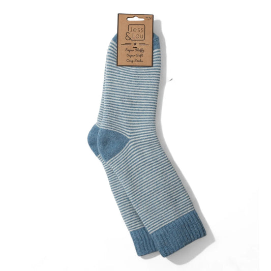 Pair of womens Jess and Lou blue and white striped socks with a visible brand label on a white background
