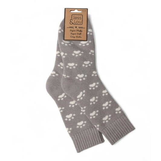 Grey womens wool-blend socks with white paw prints on a white background, featuring a 'Jess & Lou' label.