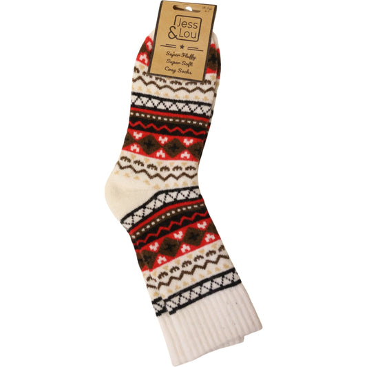 A pair of womens Jess and Lou cosy socks in Cream with a red, brown and black Nordic style pattern on a white background.