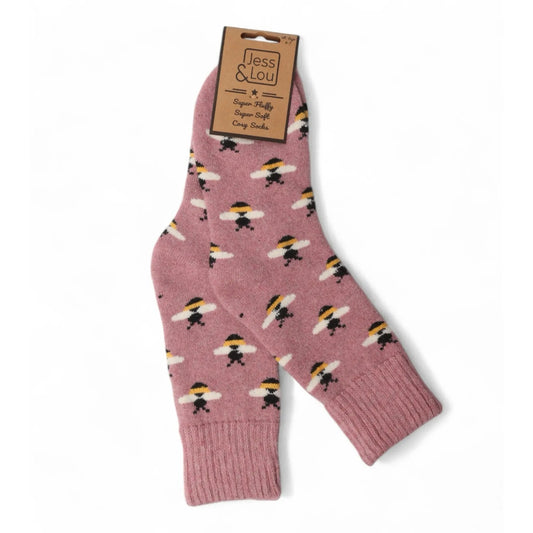 Pink womens wool cosy socks with bee pattern and 'Jess & Lou' packaging on a white background