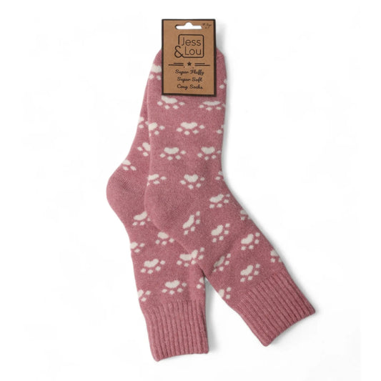 Pink womens wool-blend socks with paw prints on a white background, featuring the brand 'Jess & Lou'.