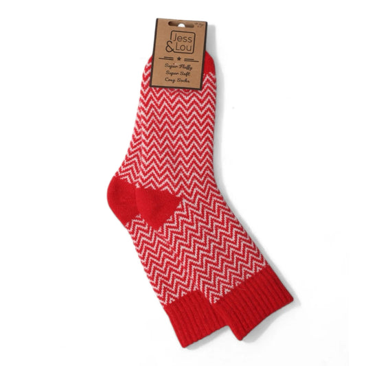 Jess and Lou red and white herringbone patterned wool socks with packaging on a white background