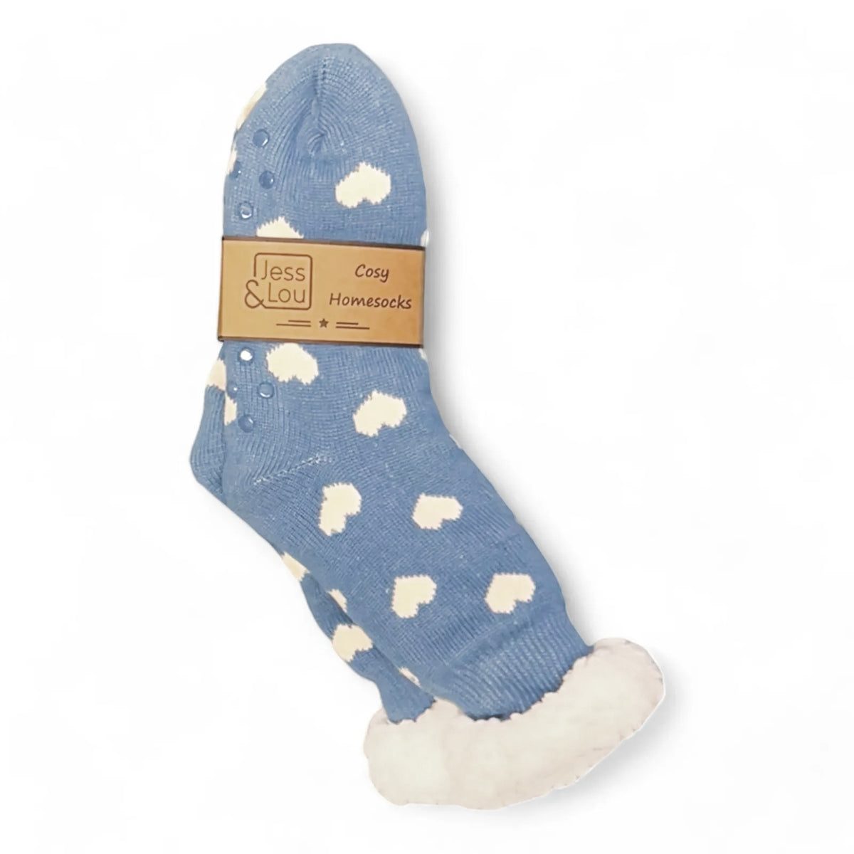 Main front view of a pair of womens Jess & Lou slipper socks in blue with a white heart pattern and a cosy fluffy white lining.