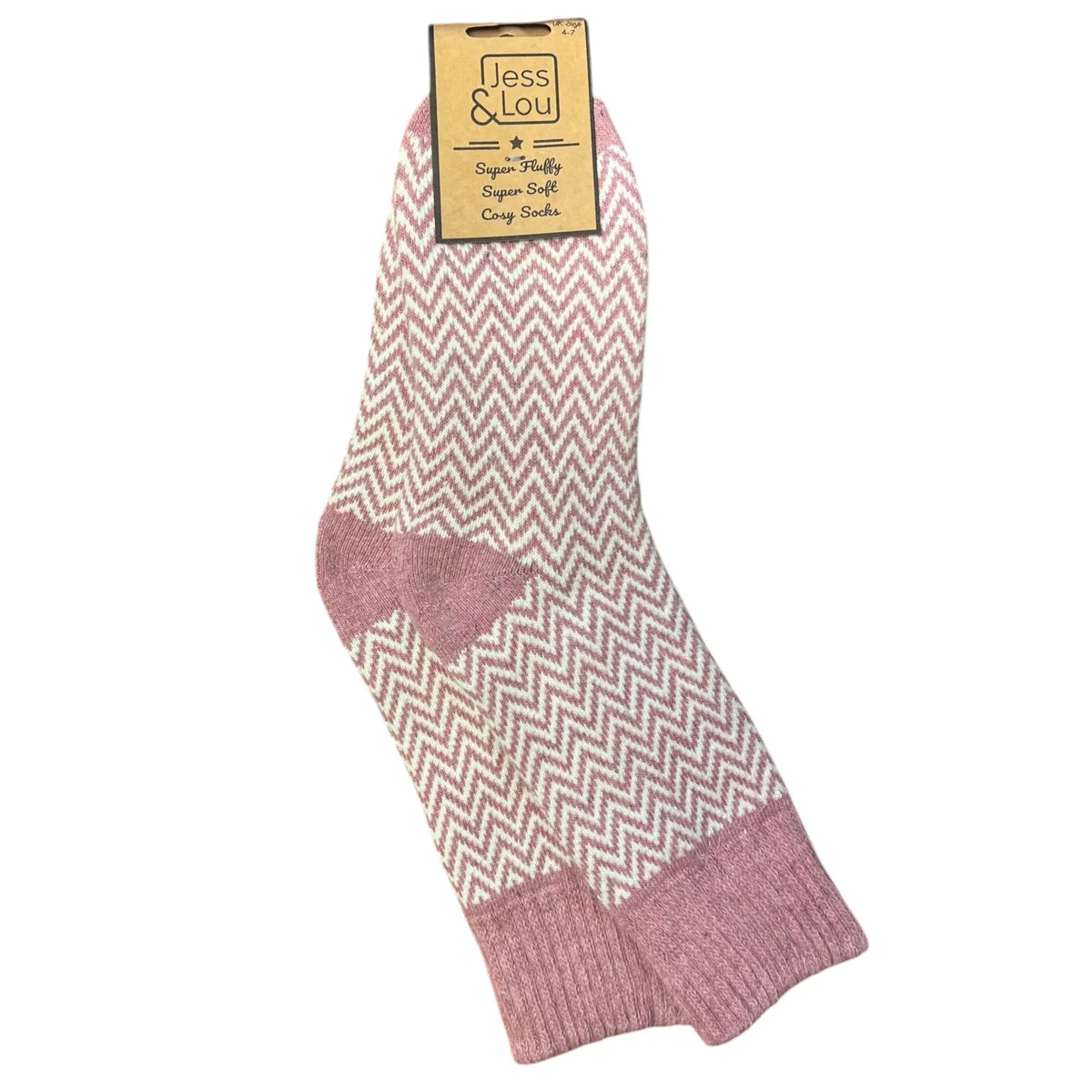 Main view of a pair of womens Jess & Lou cosy wool socks in a pink herringbone pattern.