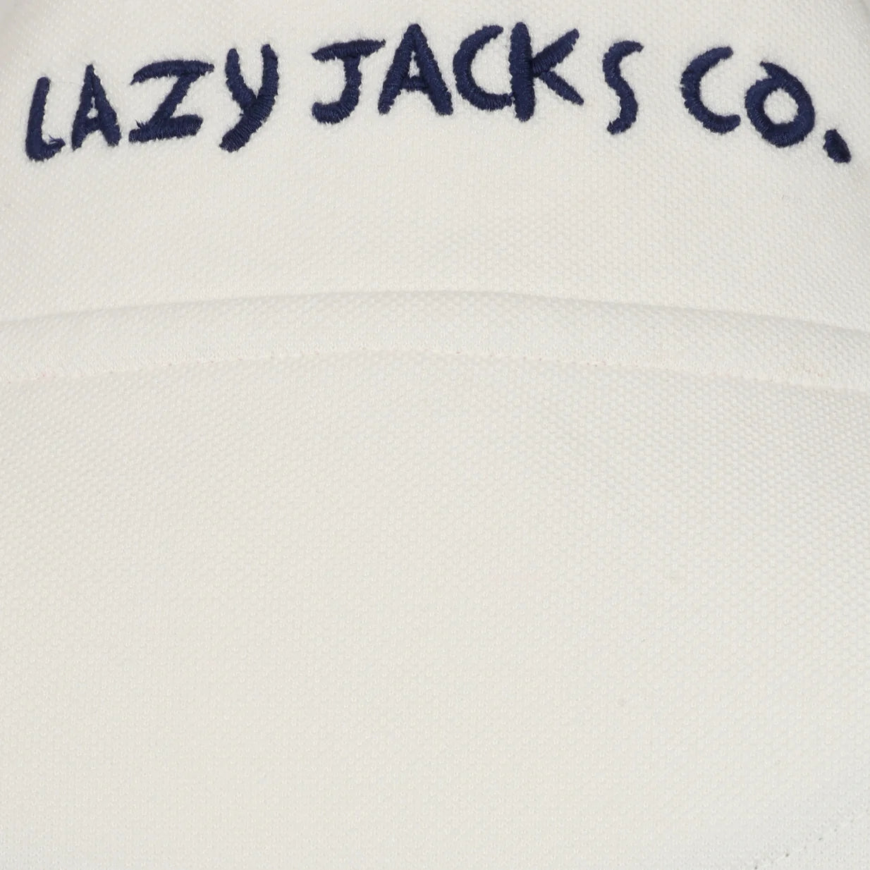 Close-up view of the embroidered logo on the back of the collar of a womens Lazy Jacks LJ304S full zip stripe sweatshirt in off white with Twilight navy stripes.
