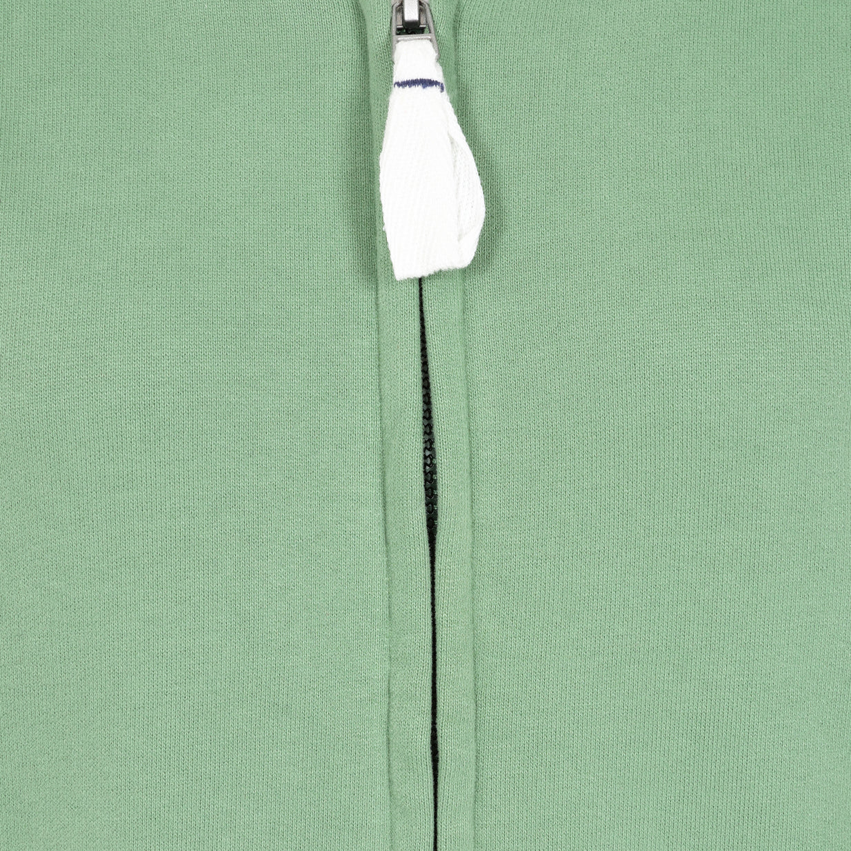 Close-up view of a zip on a womens Lazy Jacks LJ33 zip through sweatshirt in Samphire Green.