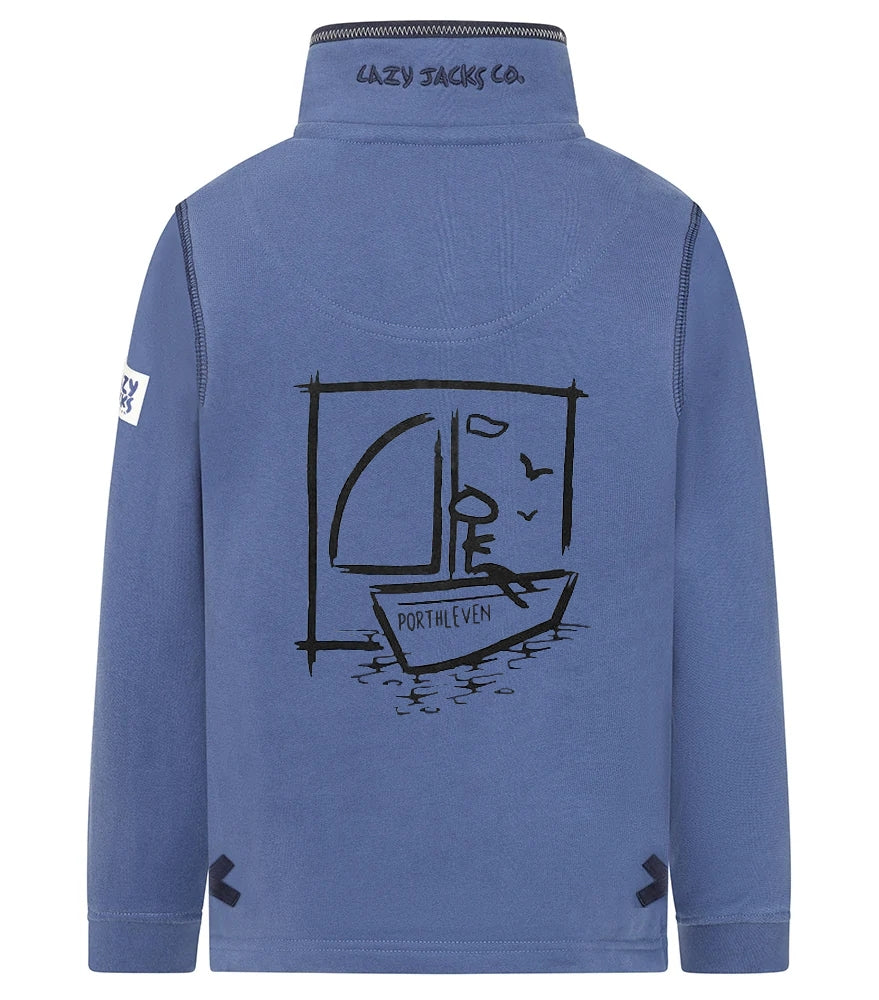 Lazy Jacks Porthleven print sweatshirt kids in blue with boat design on the back
