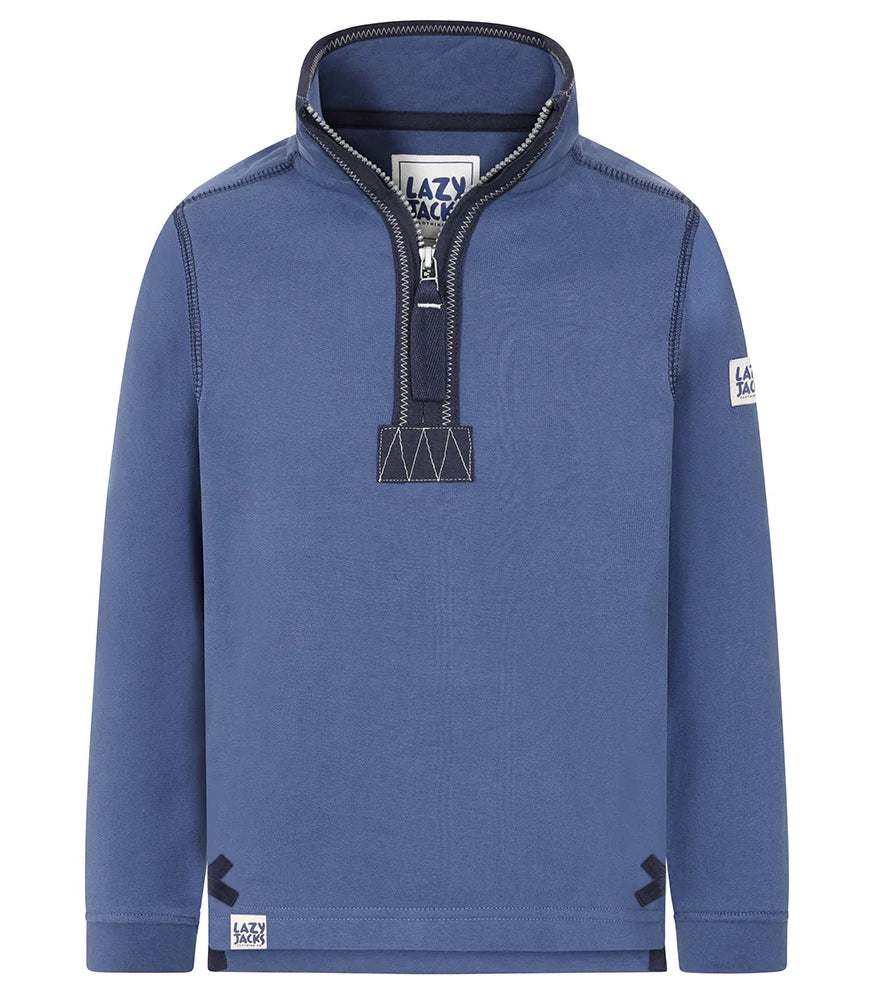 Lazy Jacks Porthleven print sweatshirt kids in blue with a quarter zip and stylish design
