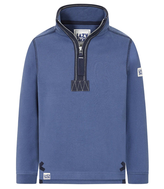 Lazy Jacks Porthleven print sweatshirt kids in blue with a quarter zip and stylish design