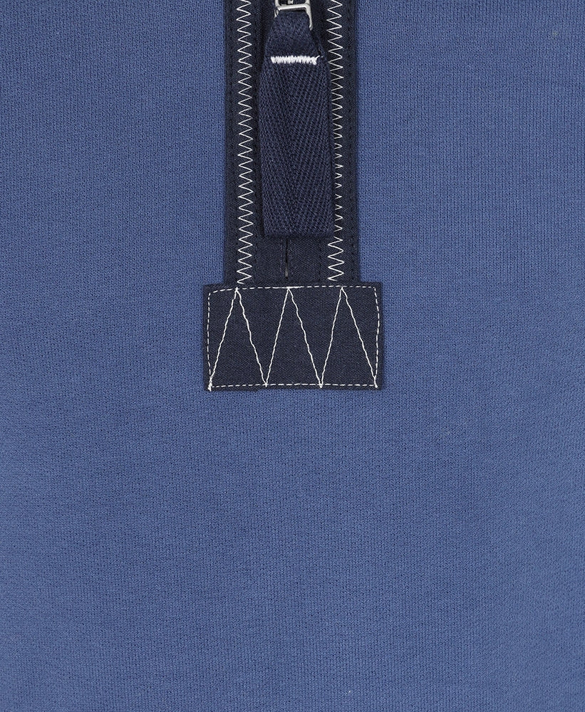 Close-up of Lazy Jacks Porthleven print sweatshirt kids with zip detail in navy fabric