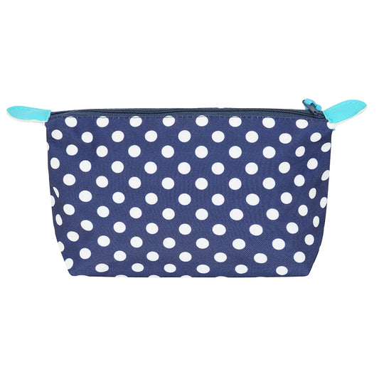 Lazy Jacks cosmetic bag blue dot pattern with navy background and white polka dots zipper pouch
