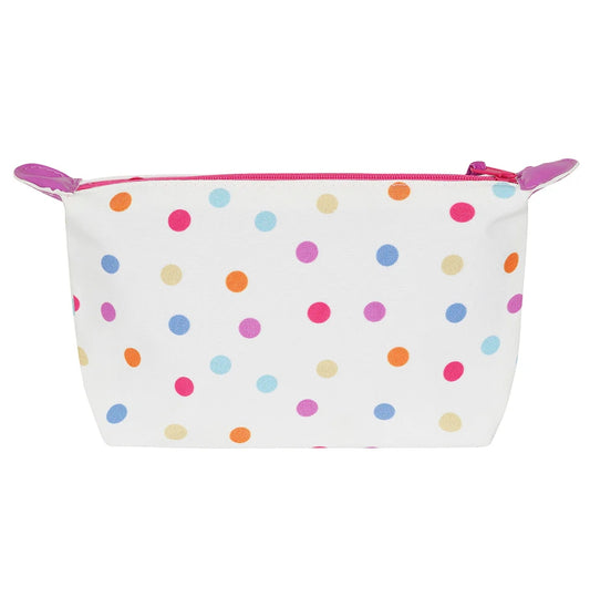 Lazy Jacks cosmetic bag multicoloured dot pattern with pink zipper and fabric handles