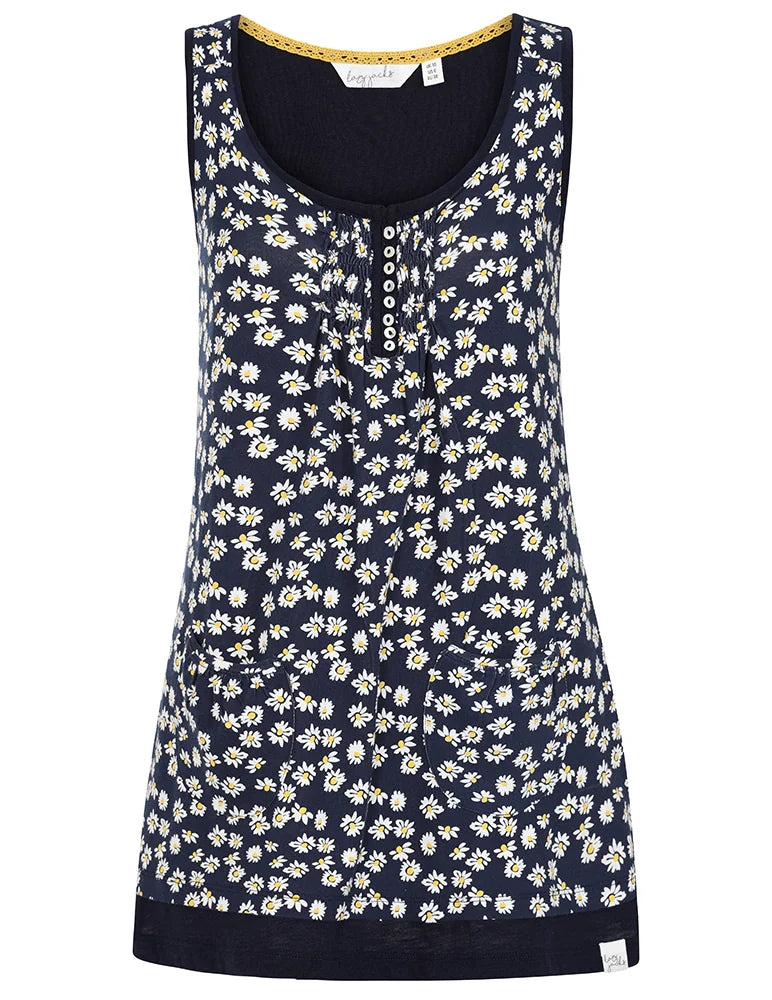 Lazy Jacks floral tunic with a navy background and white flower pattern, featuring a scoop neck and button details