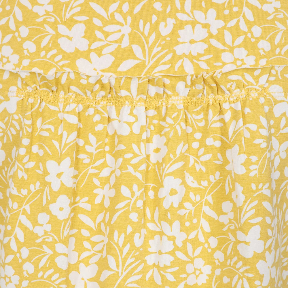 Lazy Jacks floral womens tunic featuring a yellow floral print and gathered waist detail