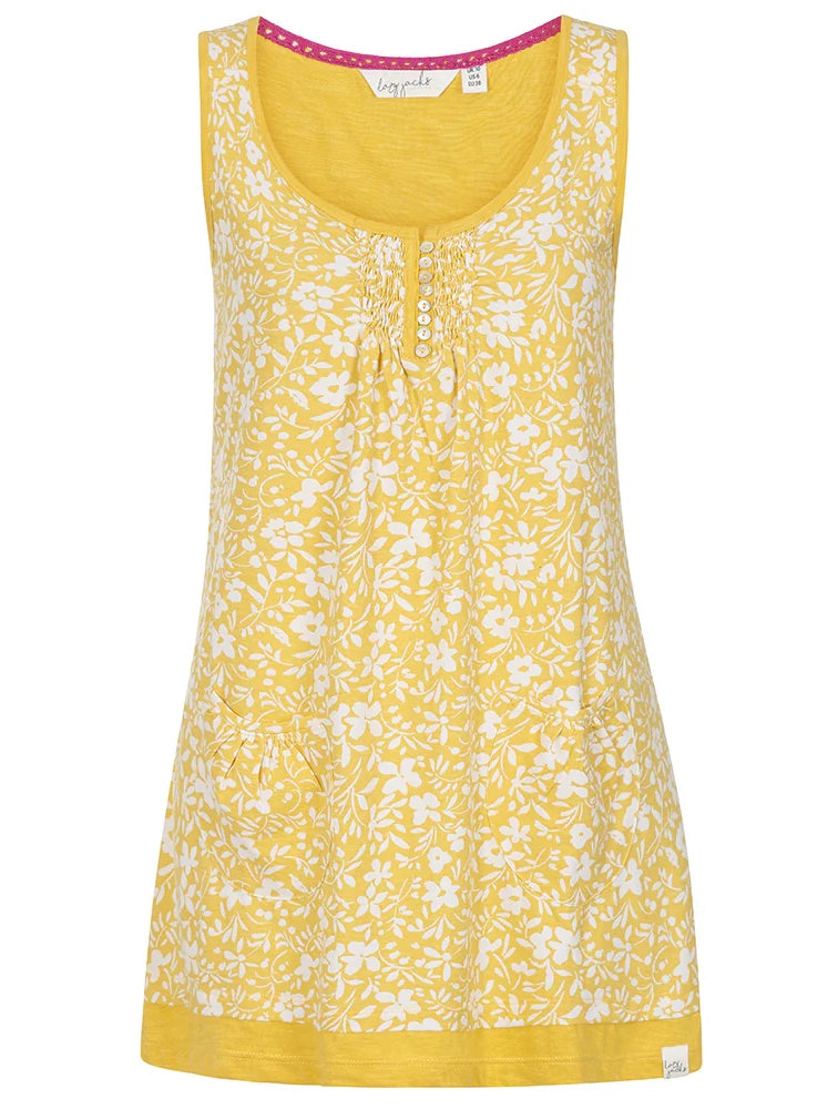 Lazy Jacks floral womens tunic in yellow featuring a scoop neck and button details