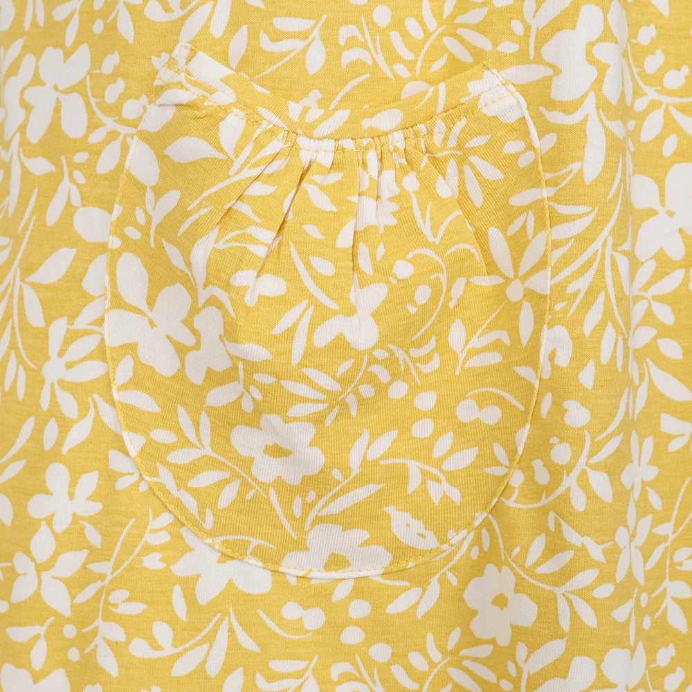 Lazy Jacks floral womens tunic in yellow with white floral print and front pocket detail