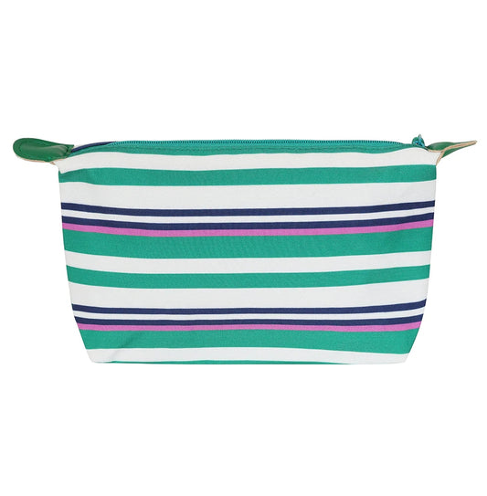 Lazy Jacks green stripe cosmetic bag with blue and purple horizontal stripes and zip closure